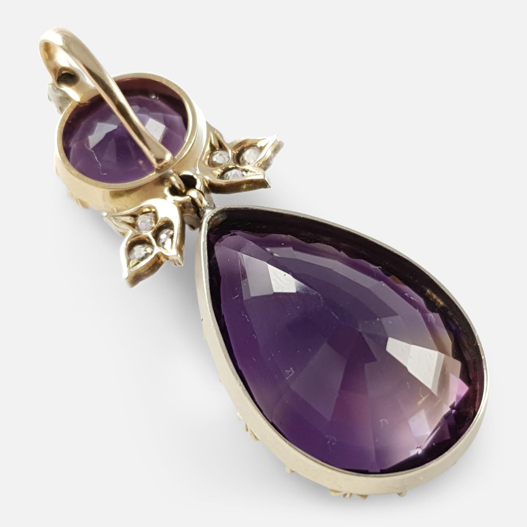 Victorian Yellow Gold, Silver, Amethyst and Diamond Drop Pendant 3
