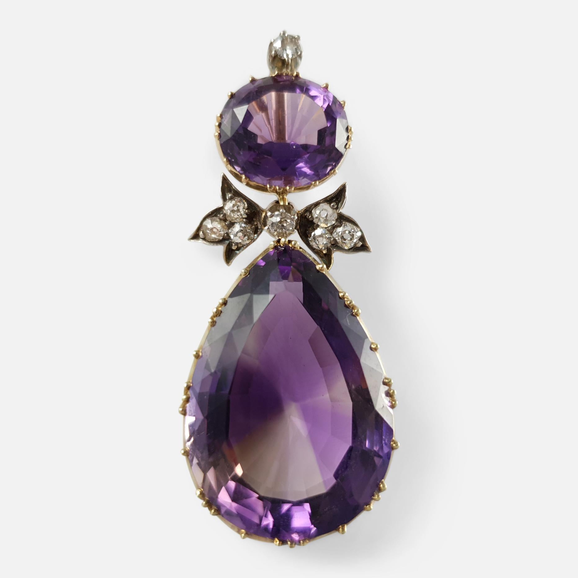 Victorian Yellow Gold, Silver, Amethyst and Diamond Drop Pendant 4