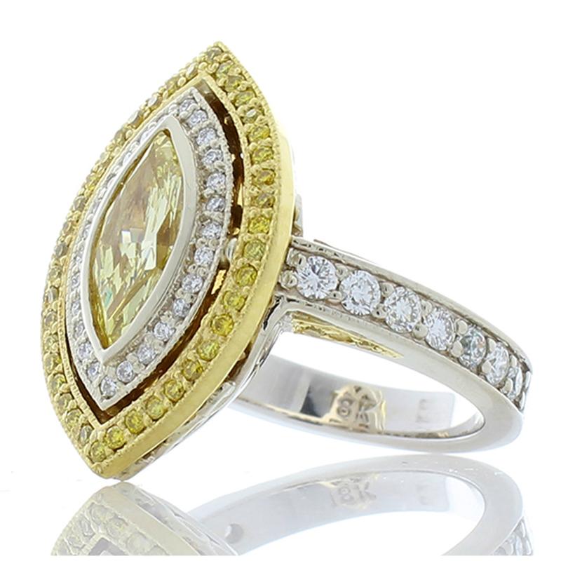 Contemporary 1.04 Carat Fancy Intense Yellow Marquise Diamond Two-Tone Cocktail Ring