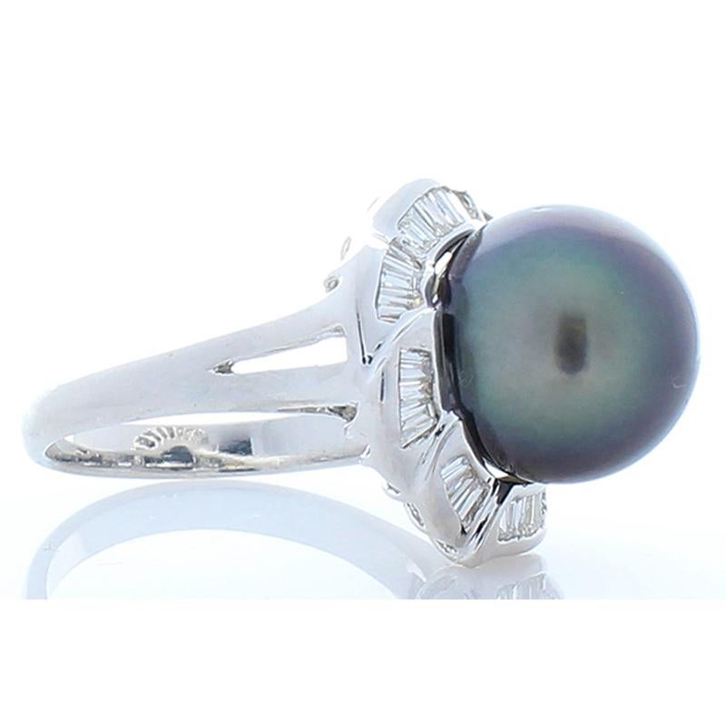 Contemporary Tahitian Black Pearl and Baguette Diamond 18 Karat White Gold Cocktail Ring