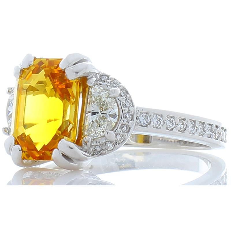 AGL Certified 3.55 Carat Emerald Cut Yellow Sapphire & Half Moon Diamond Ring In New Condition In Chicago, IL