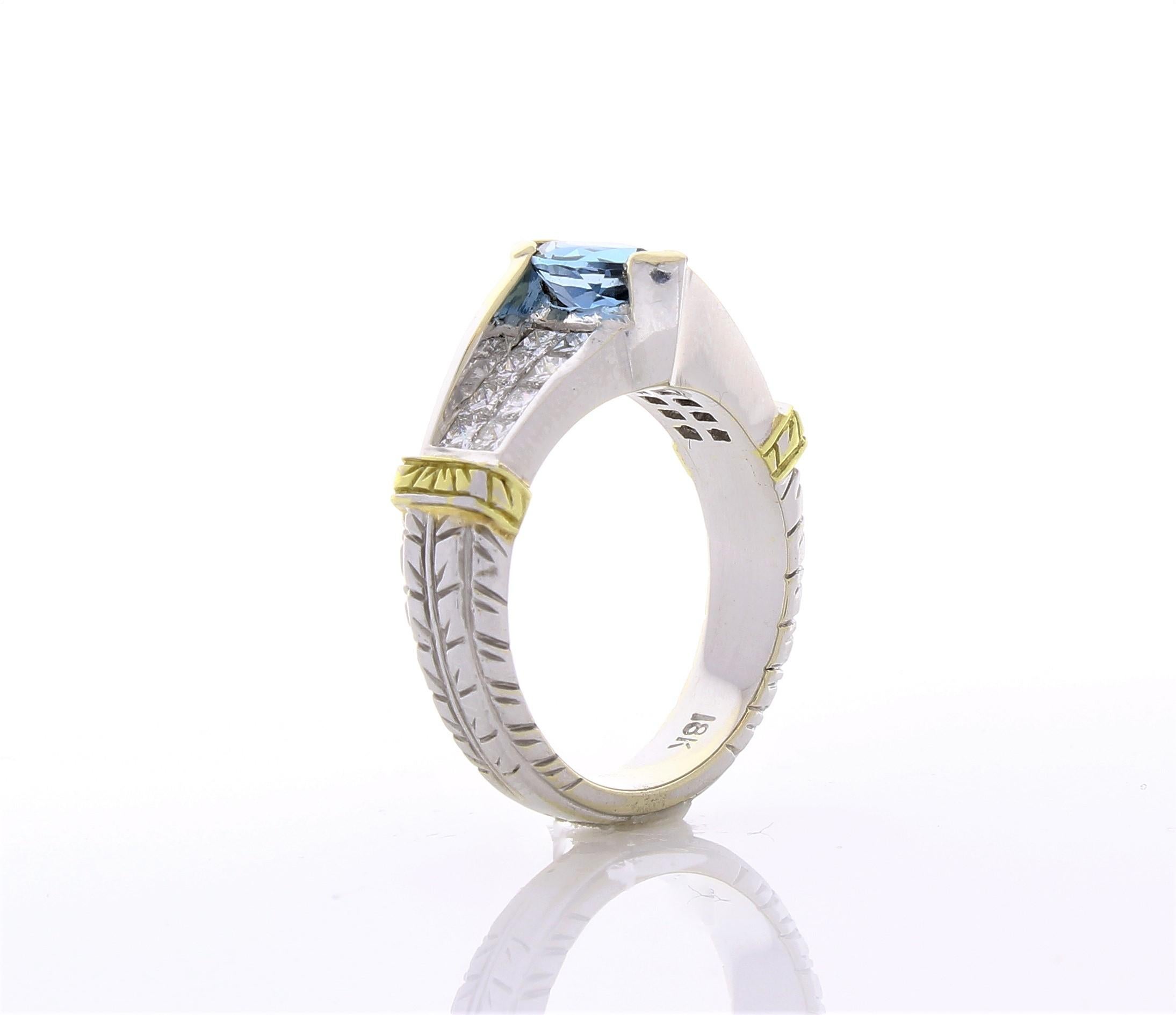 Contemporary 0.60 Carat London Blue Topaz and Invisible Set Princess Cut Diam Cocktail Ring