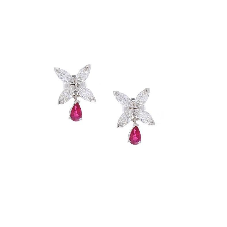 Contemporary 0.59 Carat Pear Shape Ruby and 1.21 Carat Marquise Diamond White Gold Earrings