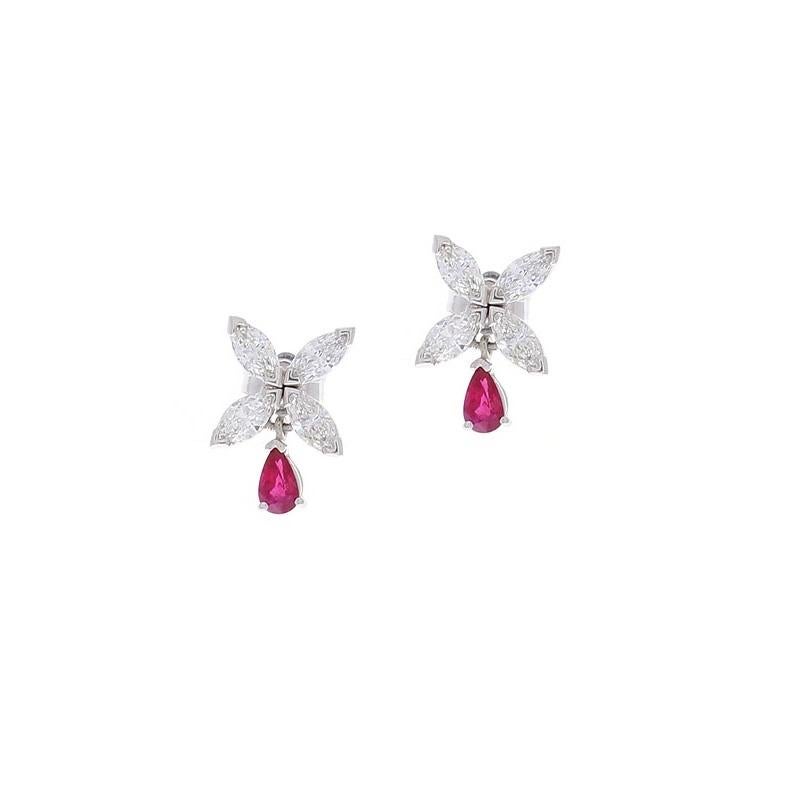 0.59 Carat Pear Shape Ruby and 1.21 Carat Marquise Diamond White Gold Earrings In New Condition In Chicago, IL