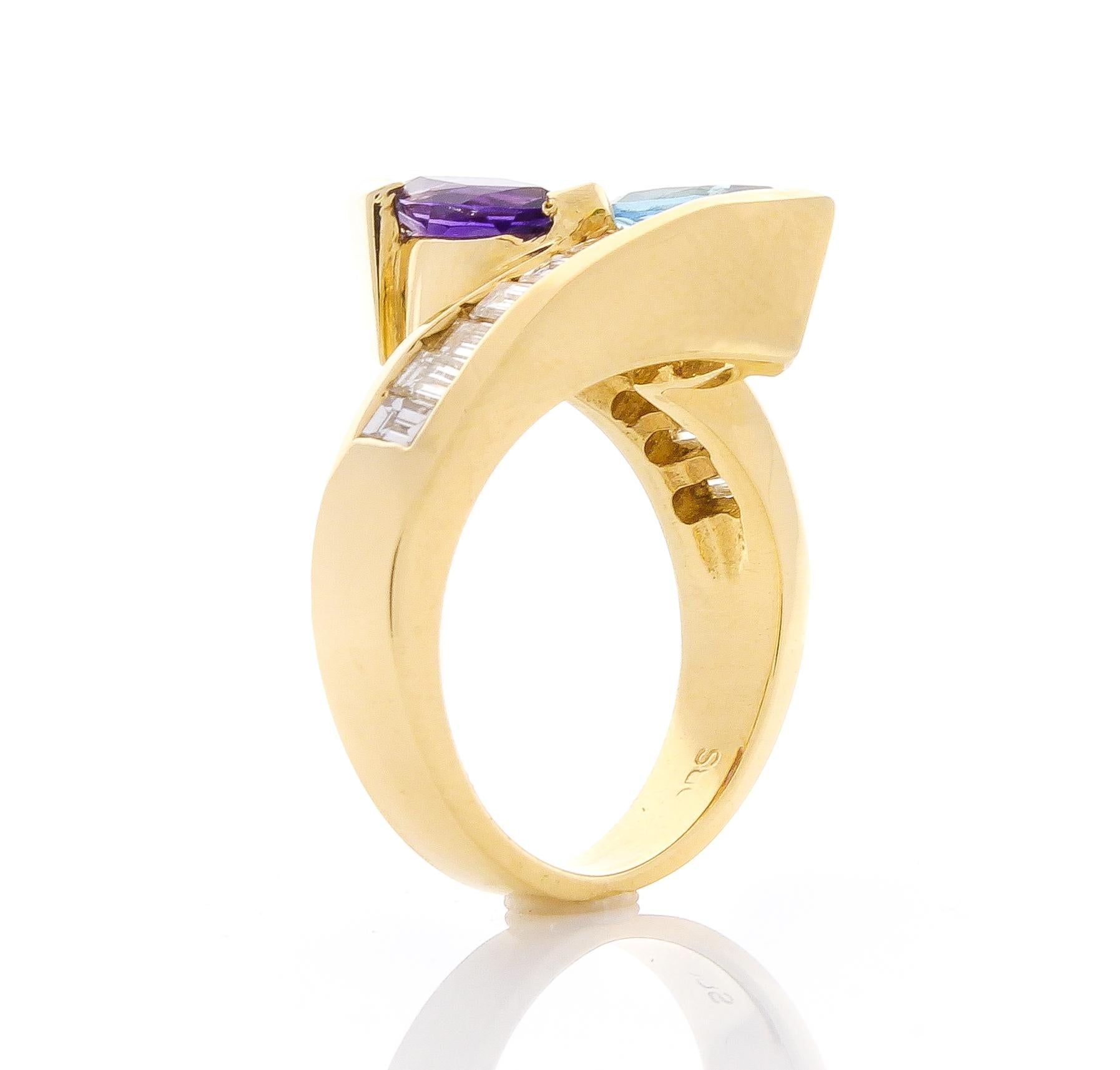 Contemporary 1.40 Carat Total Marquise Amethyst Blue Topaz and Baguette Diamond Cocktail Ring