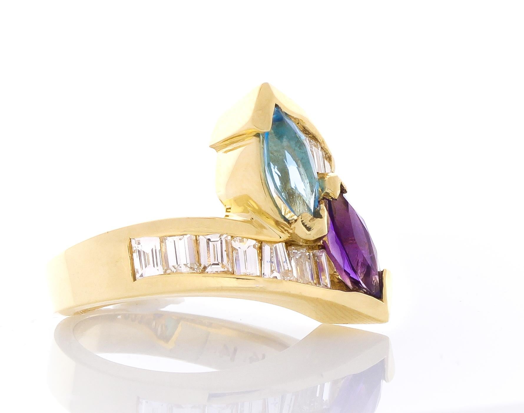 1.40 Carat Total Marquise Amethyst Blue Topaz and Baguette Diamond Cocktail Ring In New Condition In Chicago, IL