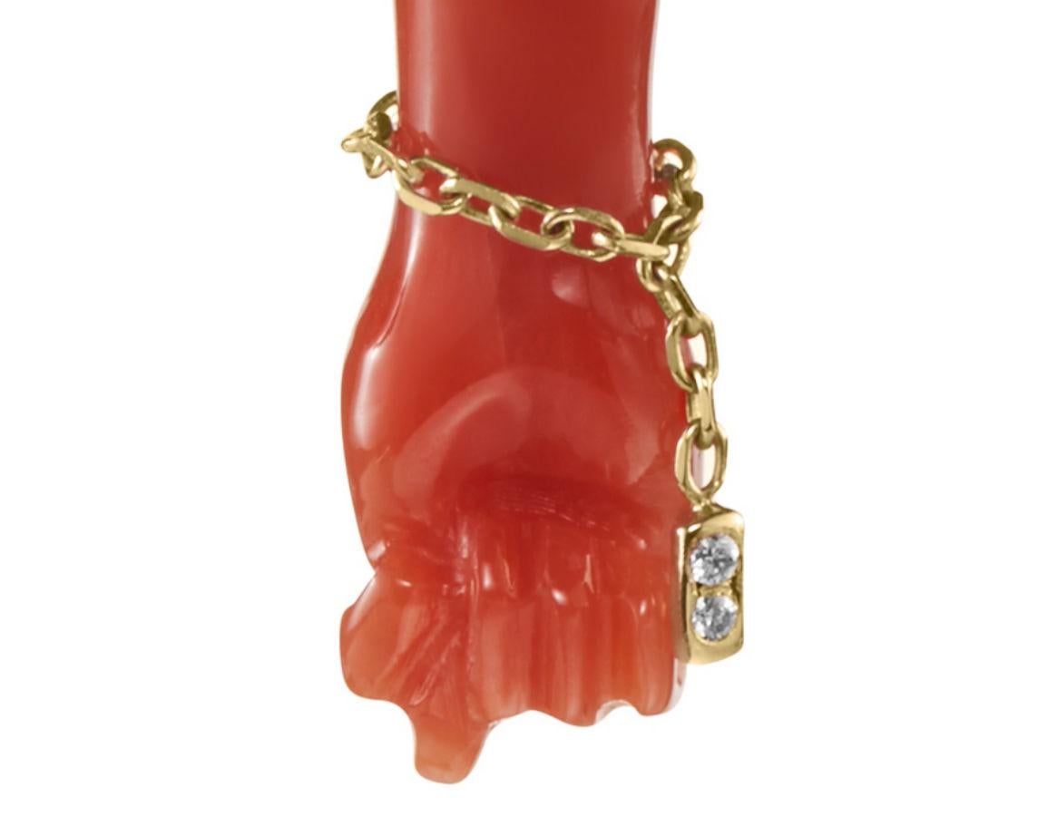 Halskette mit Diamant-Anhänger aus 14 Karat Gold mit roter Koralle und Figa-Fist für Damen oder Herren