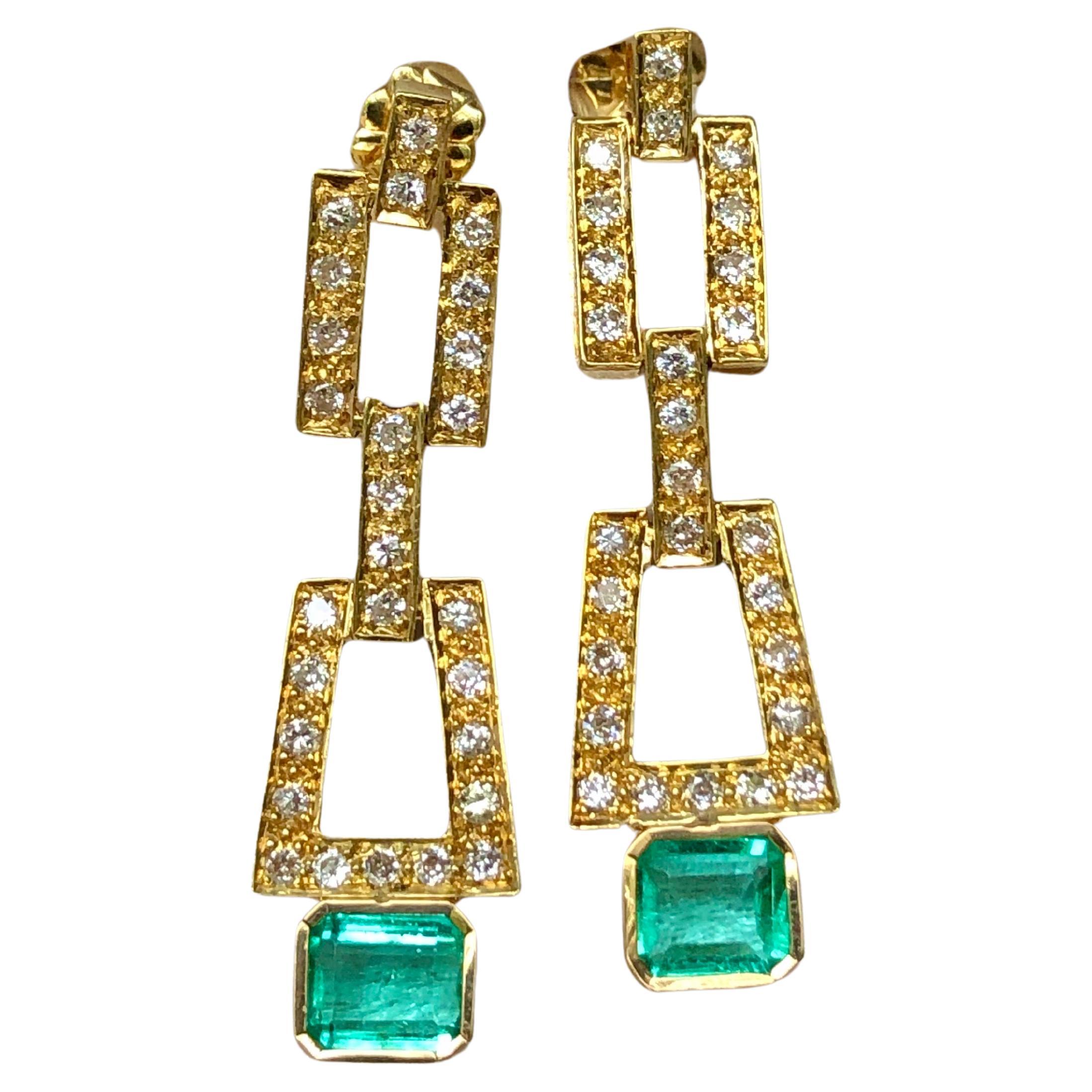 2.80 Carat Natural Colombian Emerald Diamond Drop Earrings 18 Karat For Sale