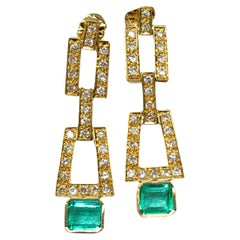 2.80 Carat Natural Colombian Emerald Diamond Drop Earrings 18 Karat