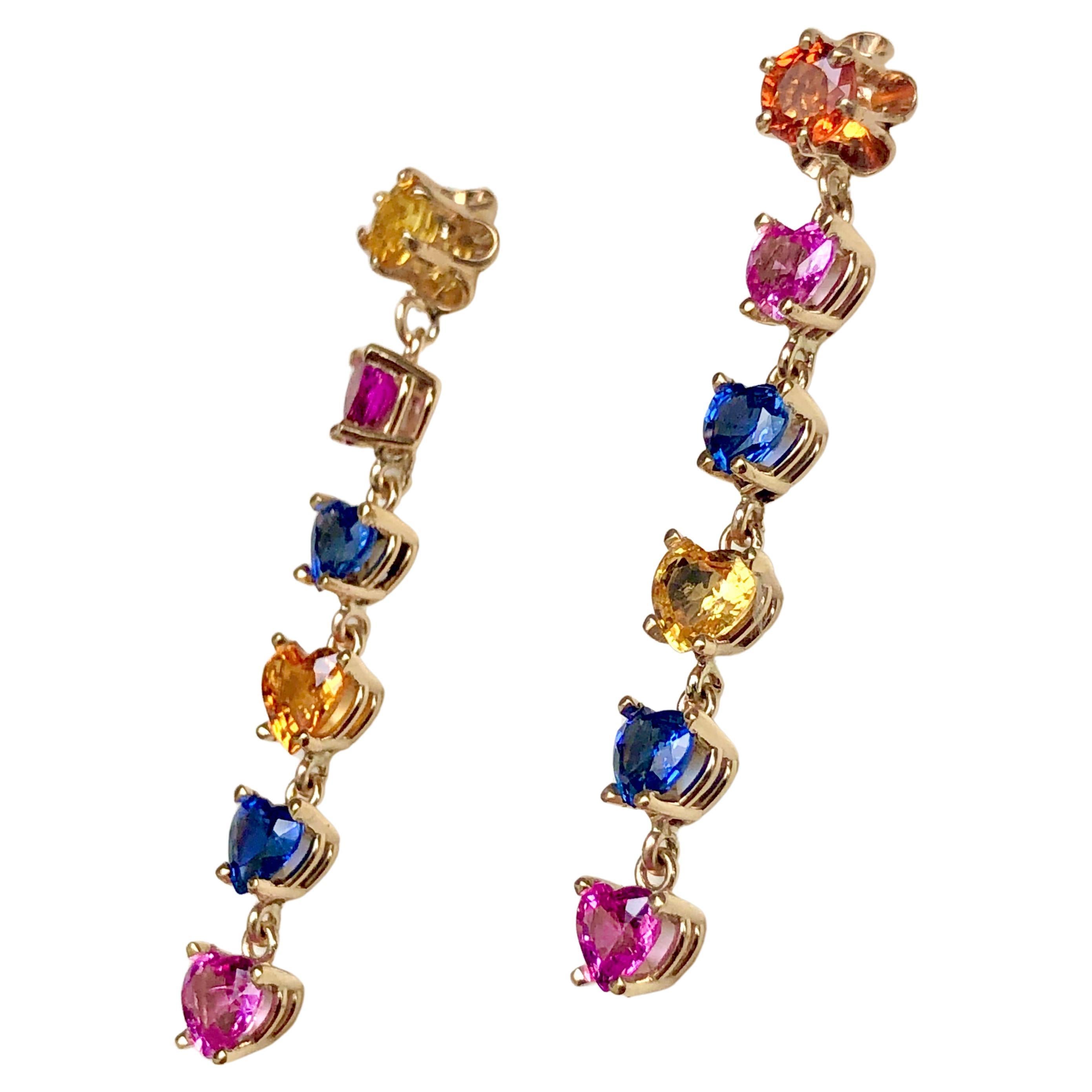 Natural Sapphire Multi-Color Heart Cut Drop Dangle Earrings Gold For Sale