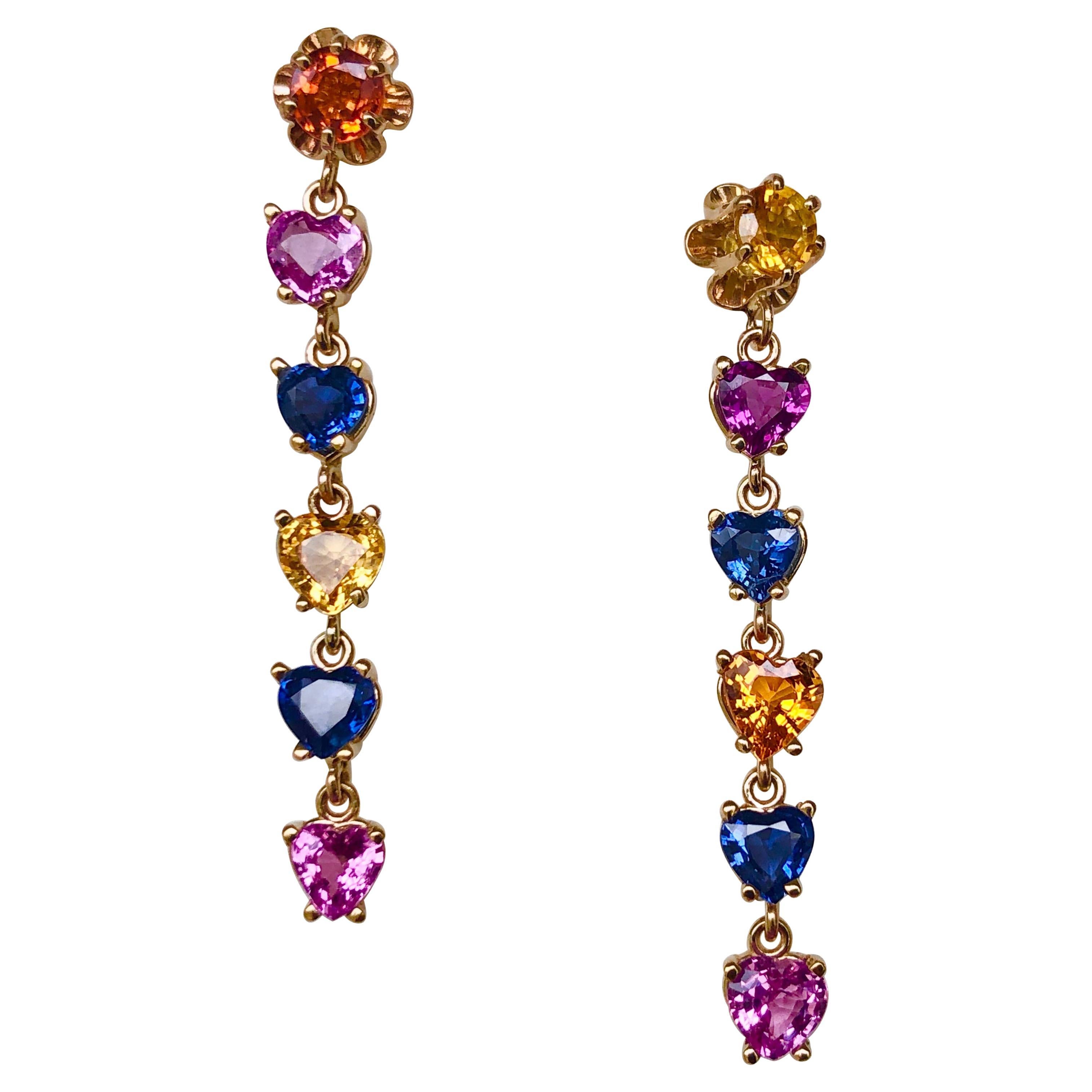 Natural Sapphire Multi-Color Heart Cut Drop Dangle Earrings Gold For Sale 1