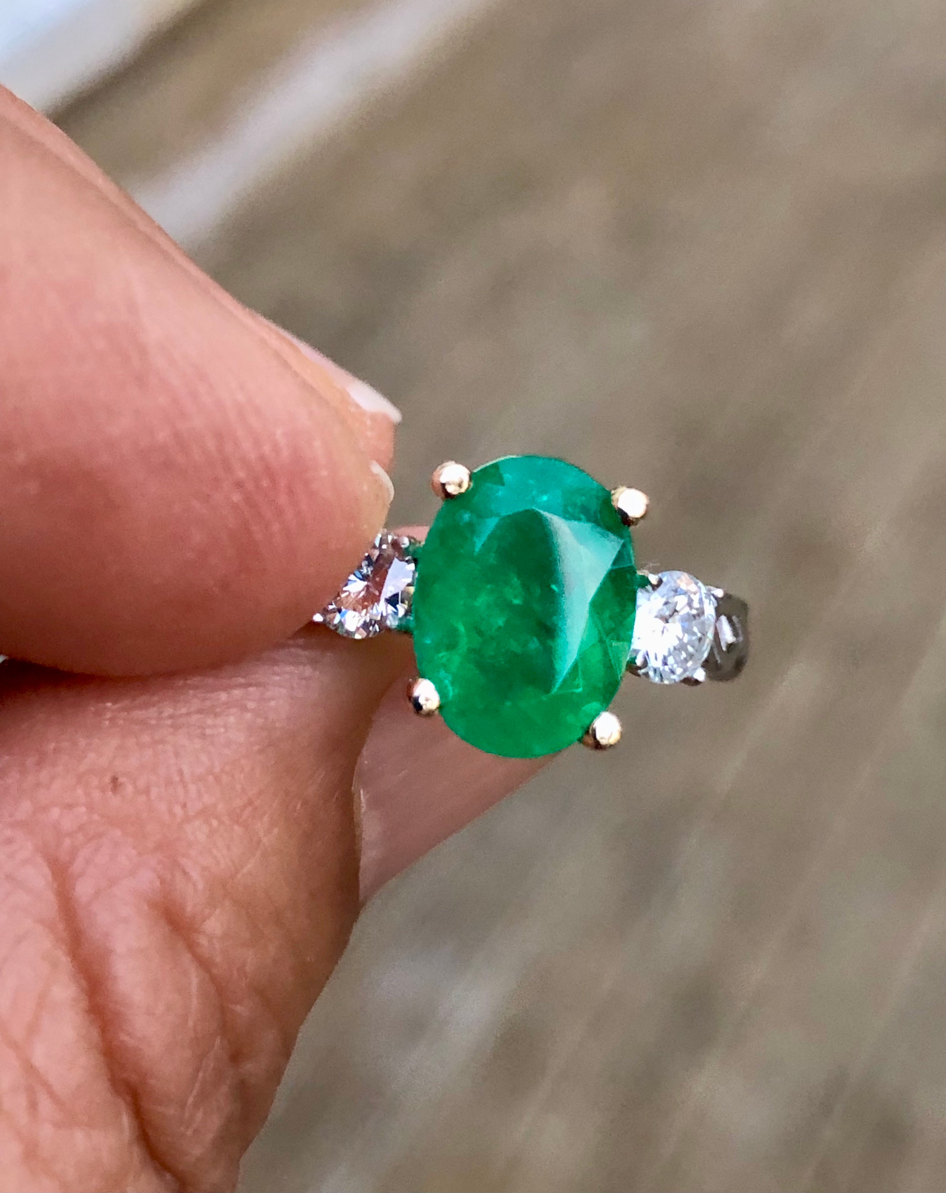 Estate 3.30 Colombian Emerald Diamond Engagement Ring Three-Stone 14K