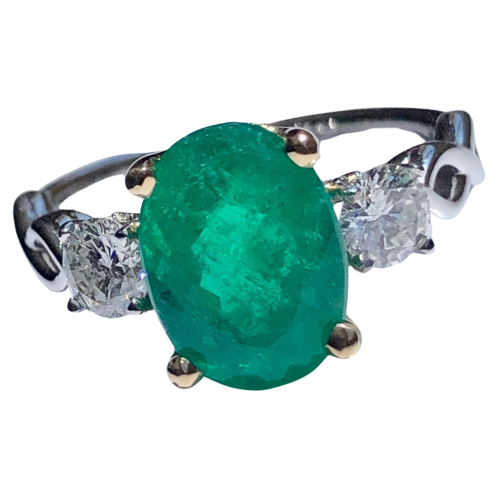 Estate 3.30 Colombian Emerald Diamond Engagement Ring Three-Stone 14K For Sale