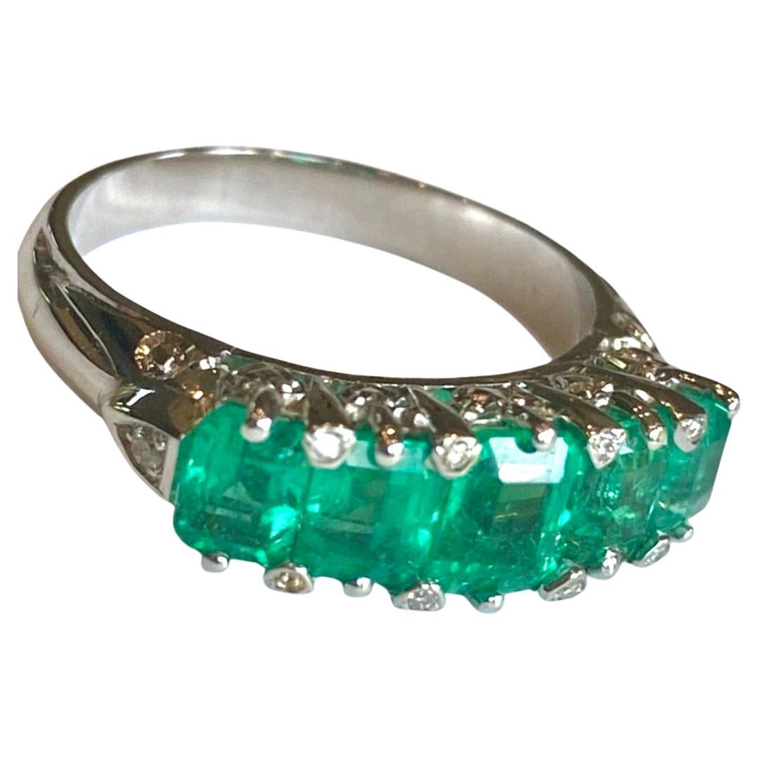 New Inspired on Victorian Era! Magnificent Colombian Emerald Five-Stone Ring 18 Karat White Gold
The five natural Colombian emeralds show excellent clarity, and excellent color AAA medium green, weighing approximately 3.00 carats total,  all claw