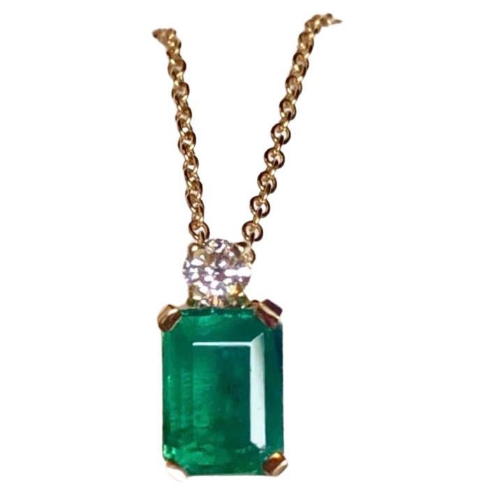 1.95 Vivid Green Colombian Emerald and Diamond Pendant Necklace 18K For Sale