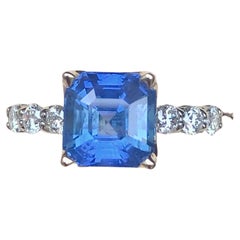 4.77 Carat Sri Lanka Ceylon Blue Sapphire Radiant and Diamond Ring