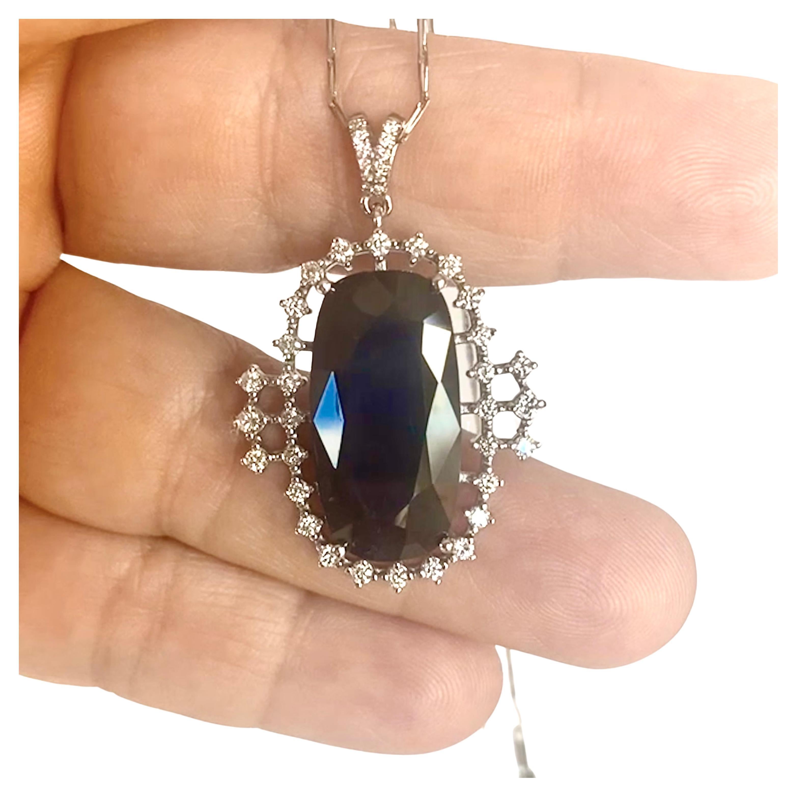 Emeralds Maravellous Antique Cut Midnight Blue Sapphire Diamond Drop Pendant For Sale