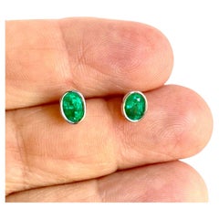 1.20 Carat Natural Colombian Emerald Oval Stud Earrings 18K White Gold
