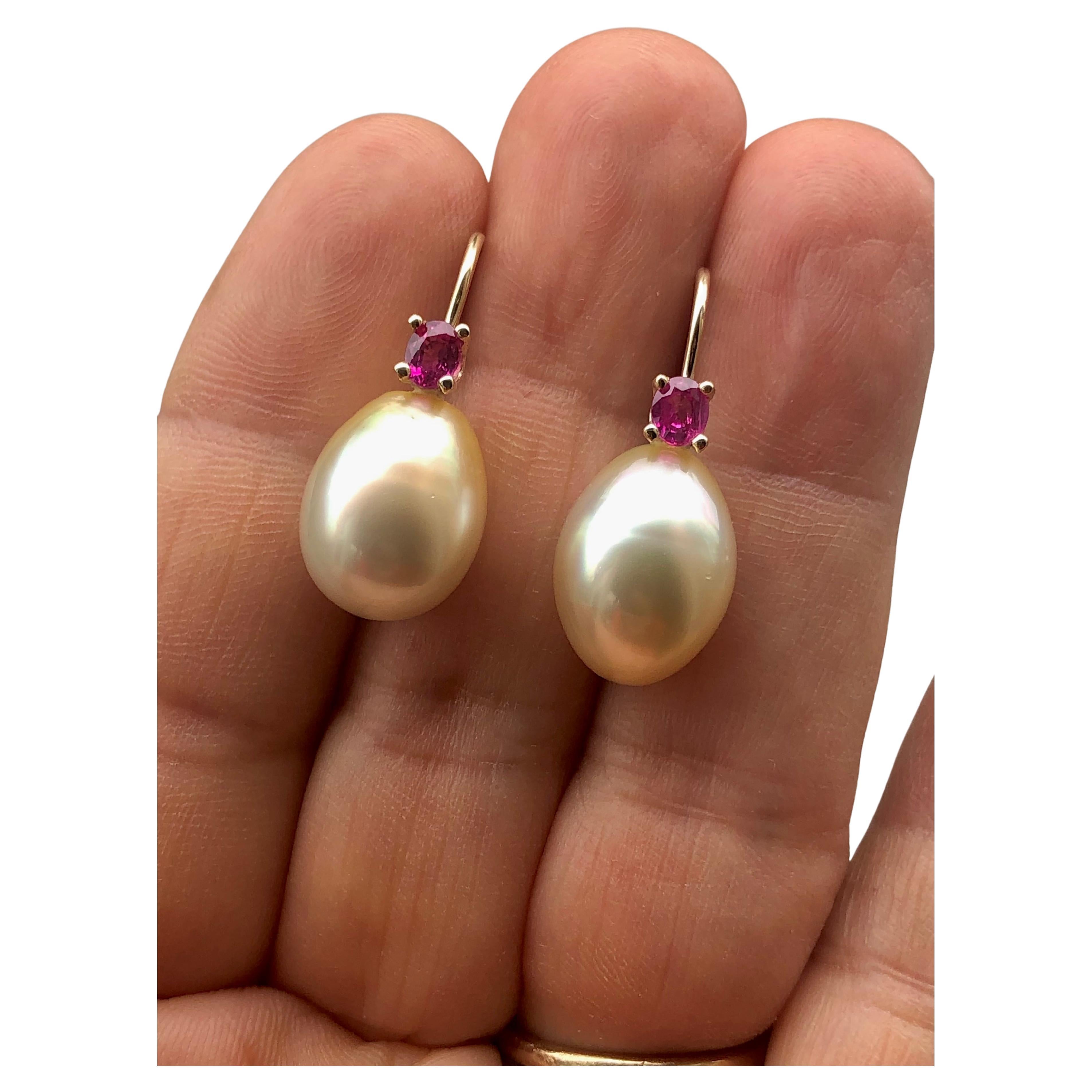 Australian Pearl Earrings with Ruby 14 Karat Yellow Gold