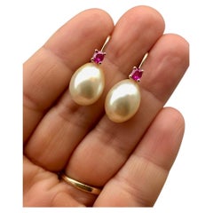Australian Pearl Earrings with Ruby 14 Karat Yellow Gold
