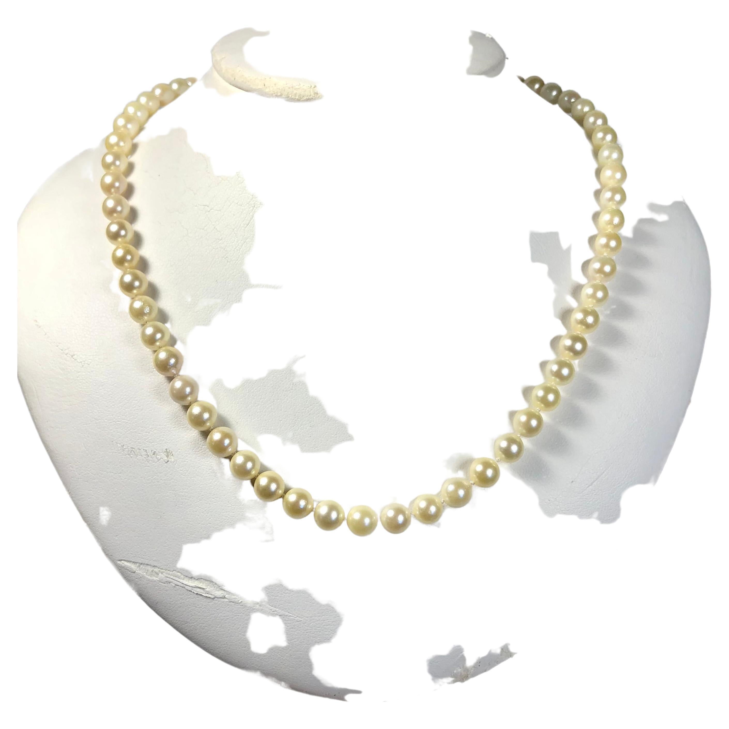 Here we offer a classic natural saltwater Akoya light cream pearl necklace!
Pearl Type:  Genuine Akoya Seawater Cultured Pearl.
Pearl Origin: Japan
Pearl Main Color: Light Cream
Pearl Treatment: None. 100% organic natural color.
Pearl Shape: