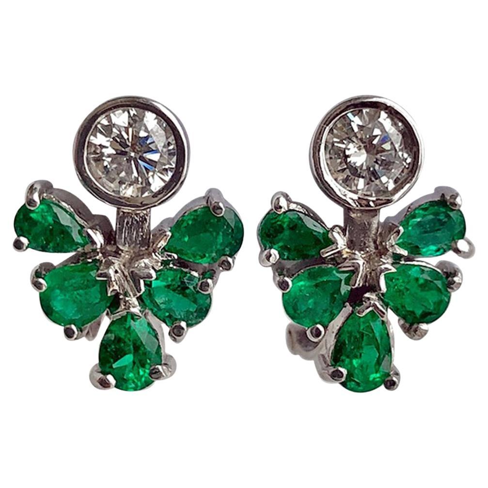 2.50 Carat Diamond AAA Colombian Emerald Cluster Earrings 18K White Gold For Sale