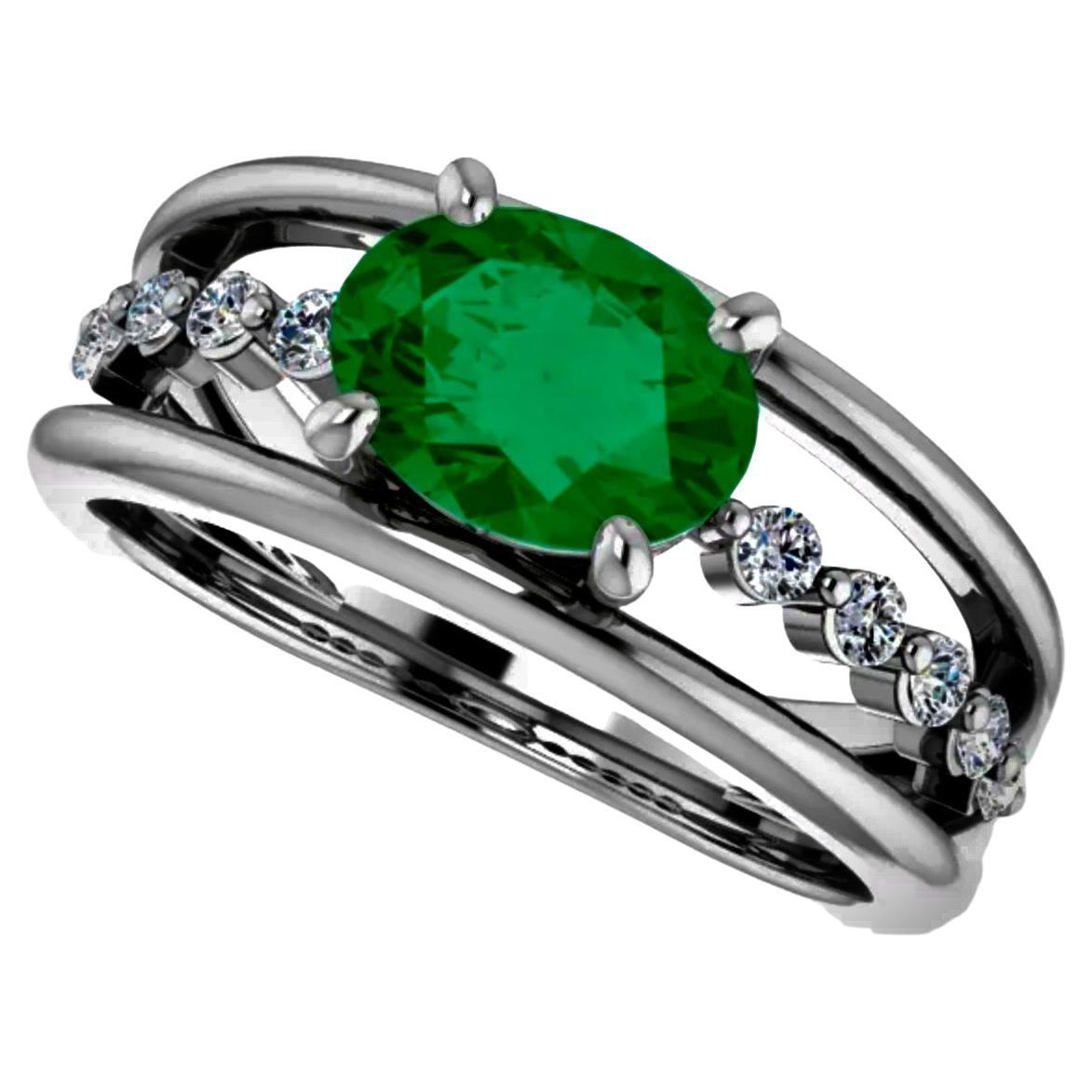 Oval Cut Colombian Emerald and VS Diamond Contemporary Engagement Ring For Sale