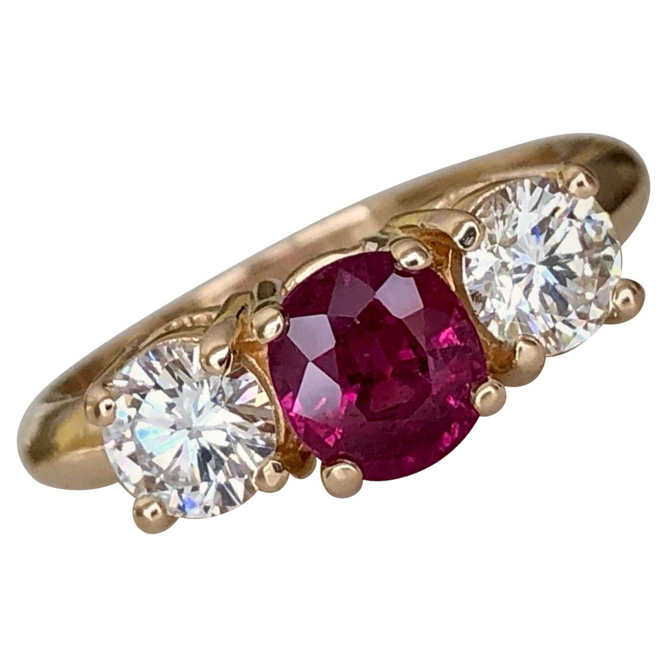 Natural Ruby Diamond Trilogy Engagement Ring 18k Gold For Sale