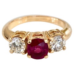 Natural Ruby Diamond Trilogy Engagement Ring 18k Gold
