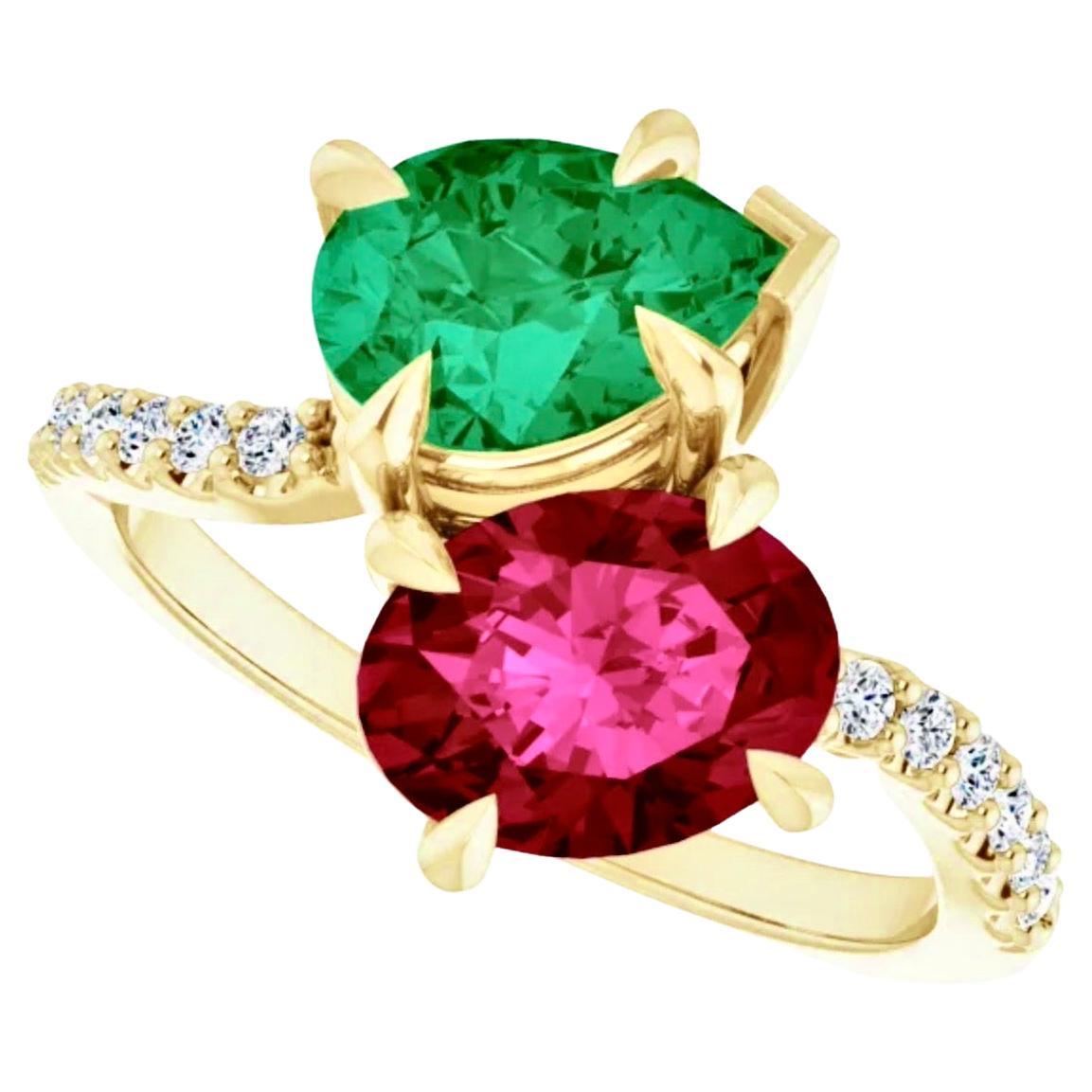 Ruby and Emerald Bypass "Toi Et Moi" Engagement Ring For Sale
