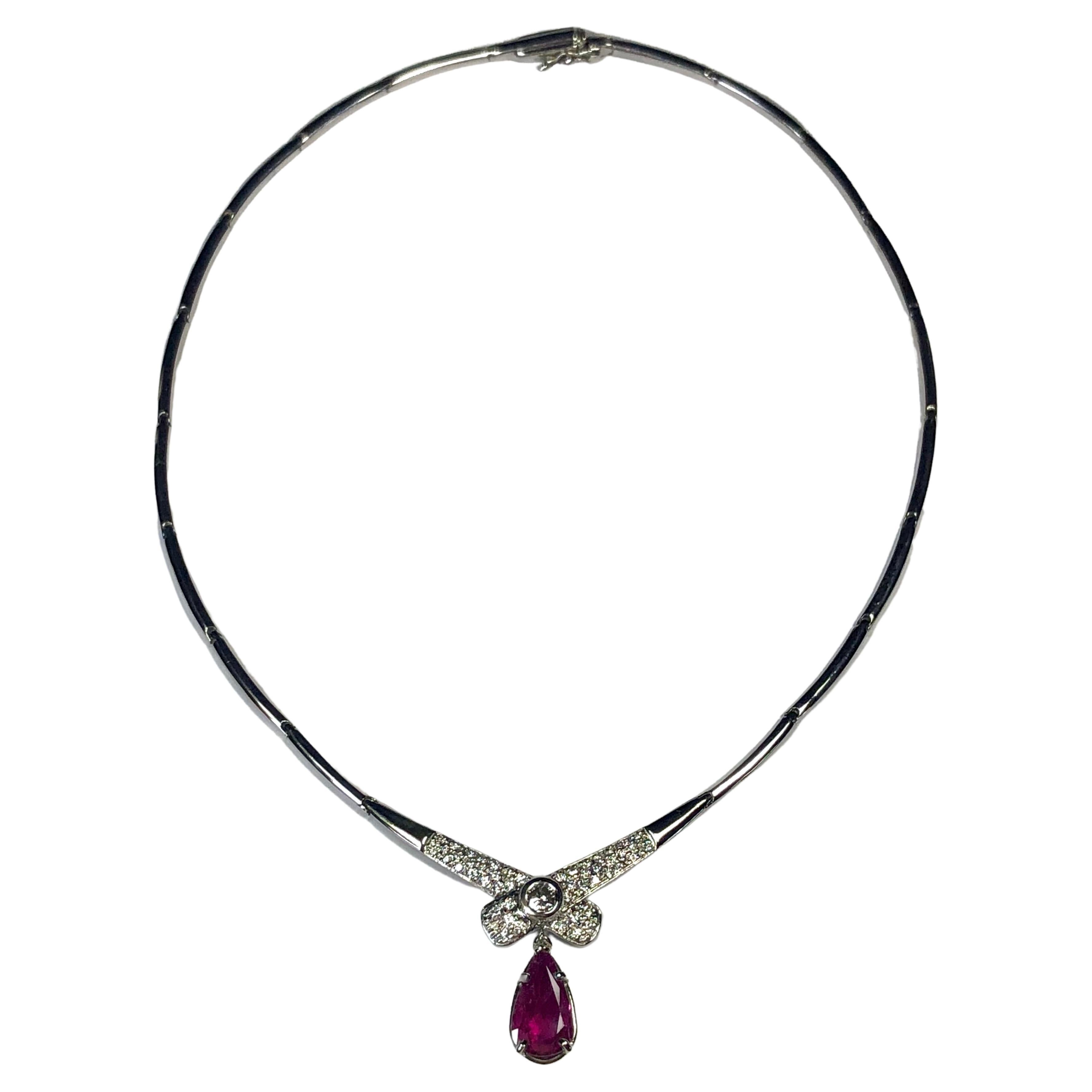 Natural Ruby and Diamond Drop Estate Necklace 14 Karat White Gold For Sale
