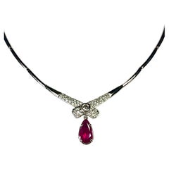 Natural Ruby and Diamond Drop Estate Necklace 14 Karat White Gold