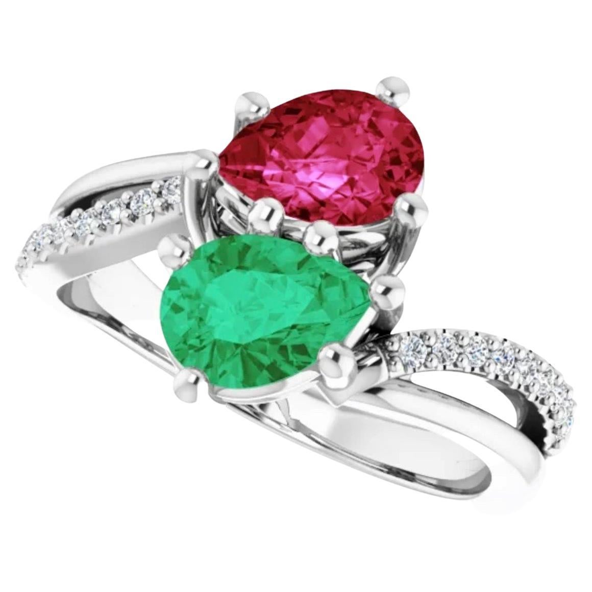 Colombian Emerald and Ruby Bypass "Toi Et Moi" Ring For Sale