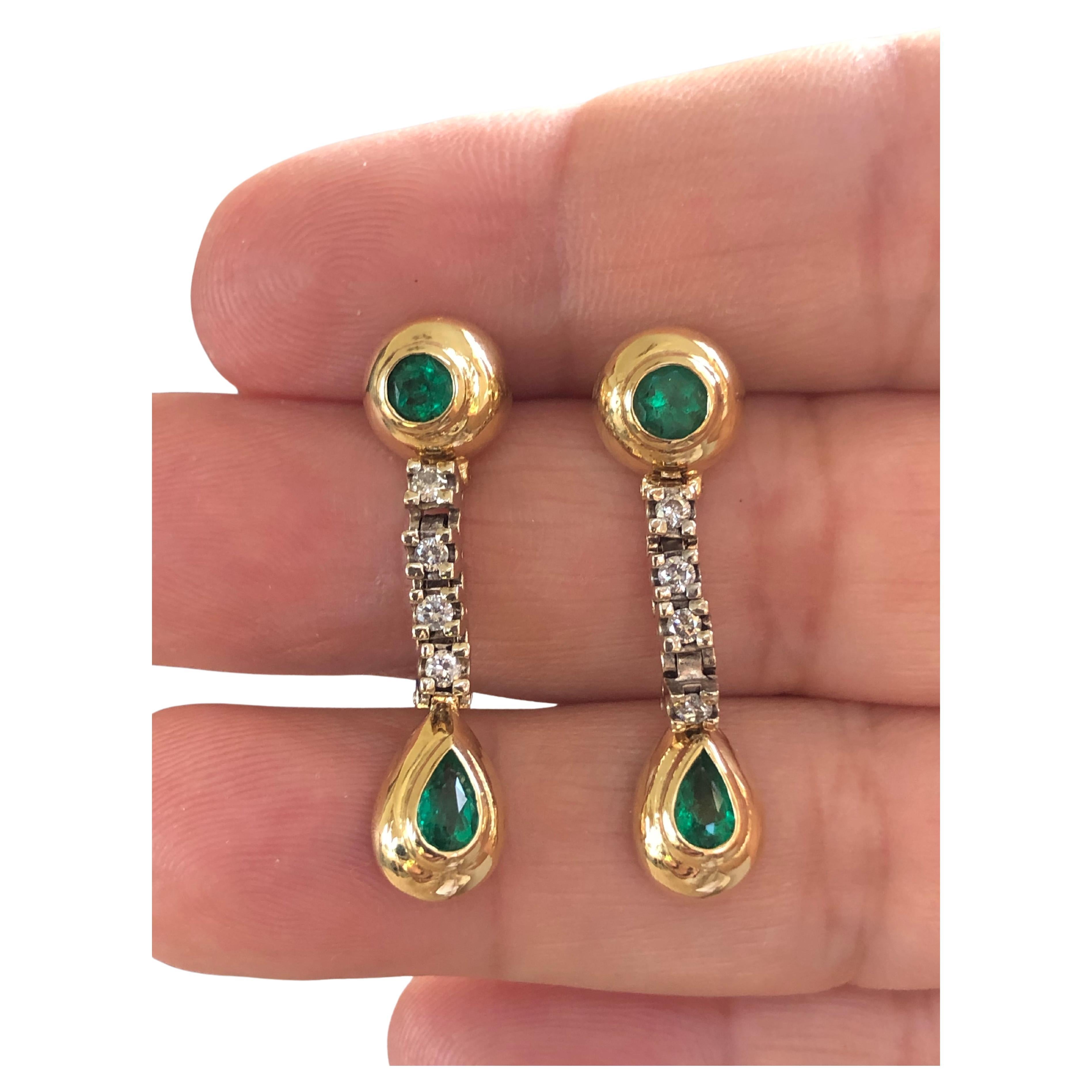 Estate Colombian Emerald & Diamond Dangle Drop Earrings Gold For Sale
