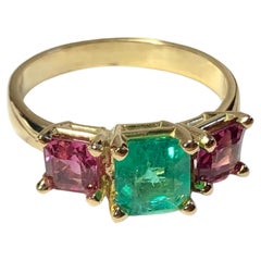 Natural Colombian Green Emerald and Pink Spinel Ring 18K Yellow Gold