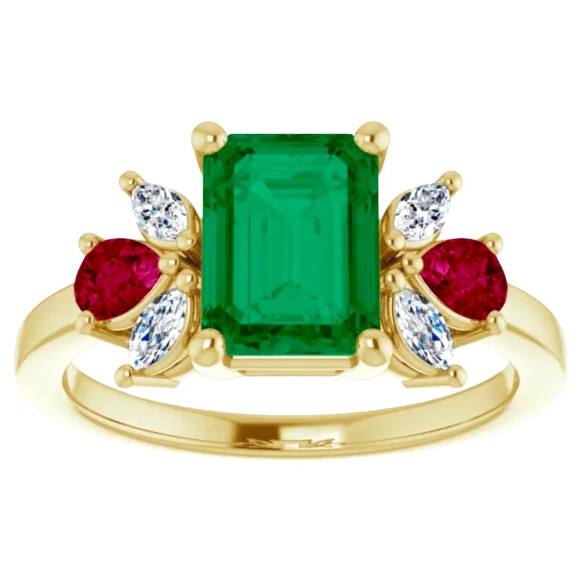 Anillo Esmeralda Colombiana Rubí y Diamante Oro amarillo 18K