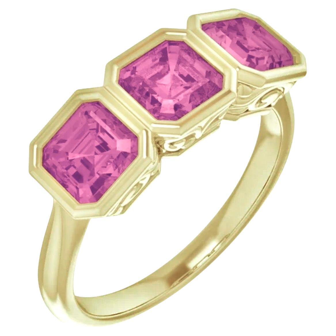 Spinel Pink Three Stone Asscher Anniversary/Engagement 18K Yellow Gold Ring For Sale