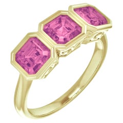 Spinel Pink Three Stone Asscher Anniversary/Engagement 18K Yellow Gold Ring