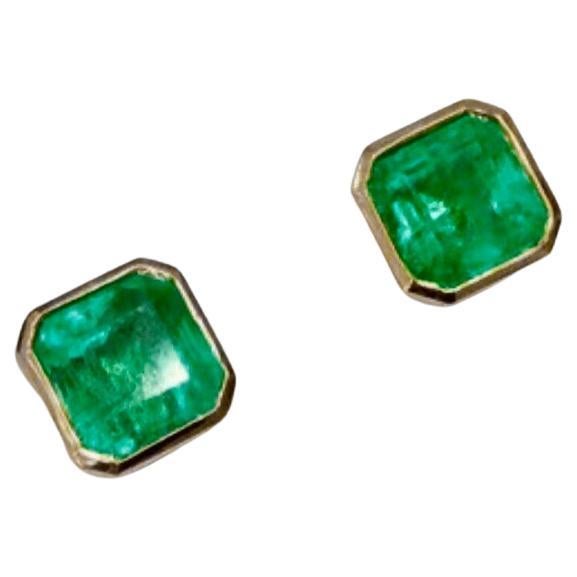3.60 Carat Natural Colombian Emerald Square Stud Earrings 18 Karat Gold