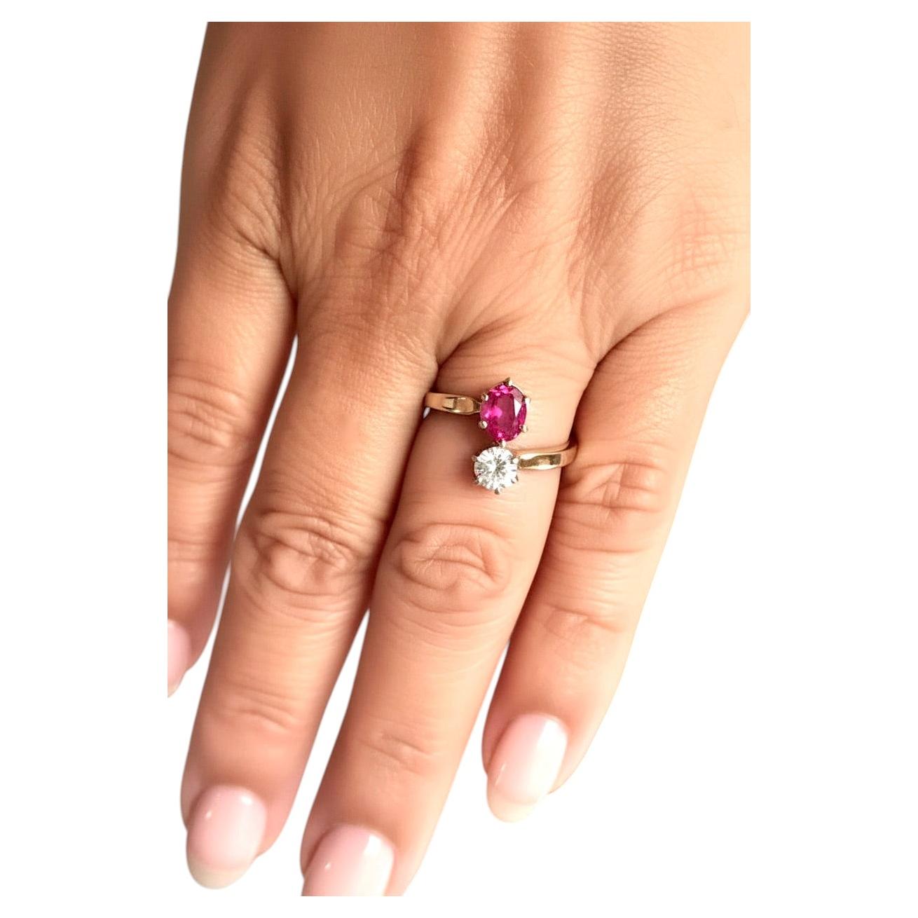 Art Deco 18k Gold Platinum Ruby Diamond Bypass Engagement Ring, 2.32ct