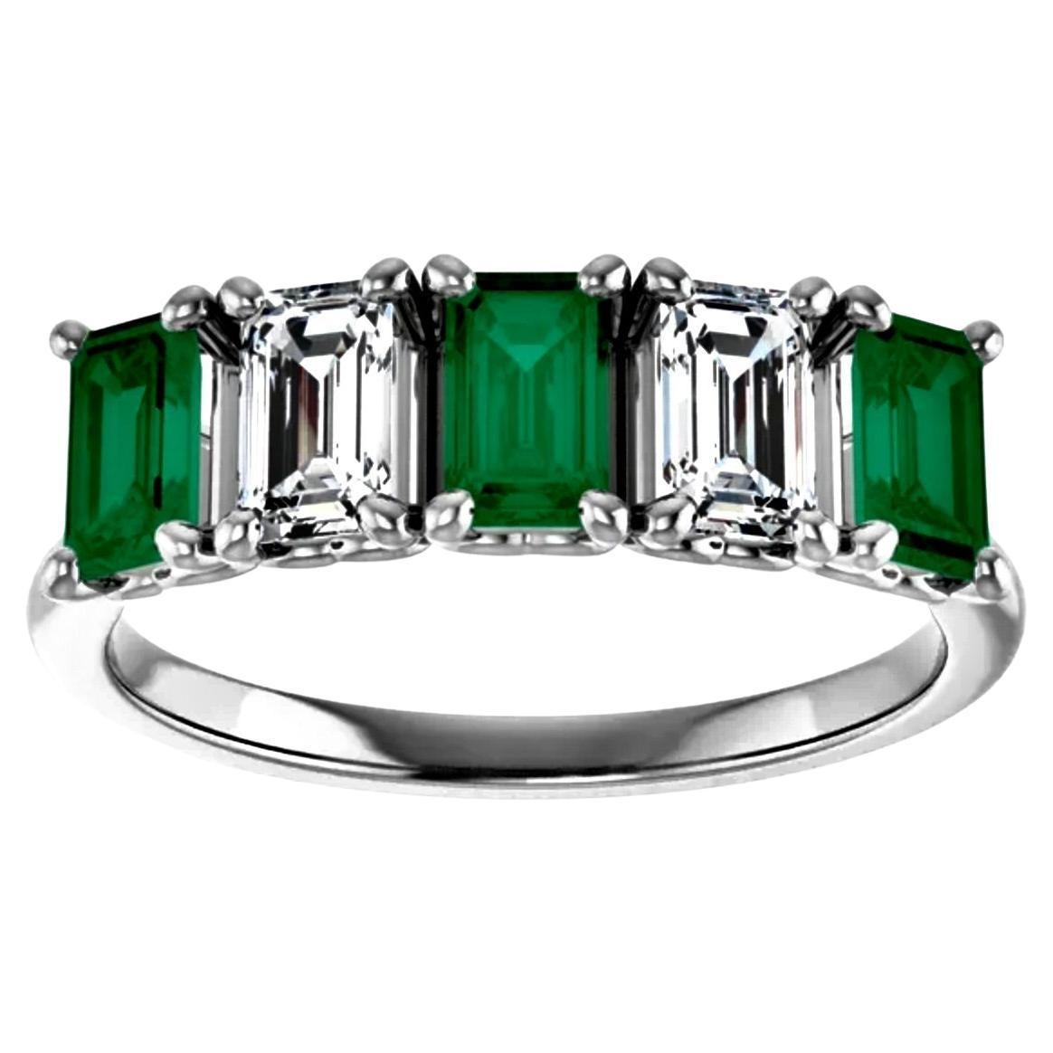 1.50 Carat Platinum 5 Stone Colombian Emerald and Diamond Ring Band