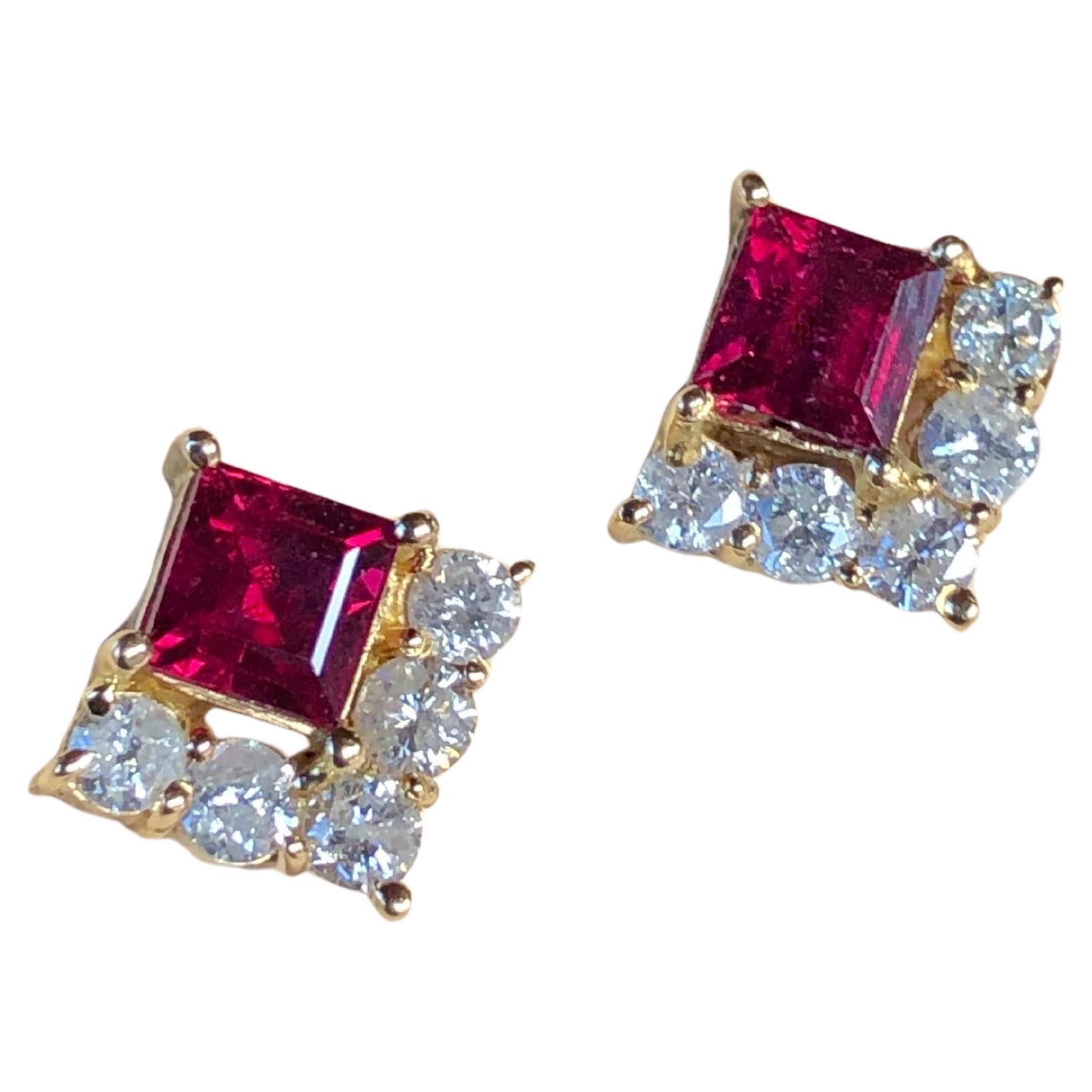 Symmetric Ruby and Diamond Stud Earrings 18K Yellow Gold