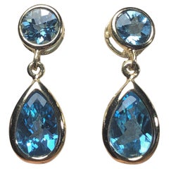 Pear Shaped Vivid Blue Topaz Dangle Earring 14K Yellow Gold