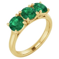Three Round Natural Colombian Emerald Ring 18K Yellow Gold