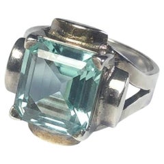 Vintage Retro Brazilian Aquamarine Statement Ring in Sterling Silver & 18k Gold