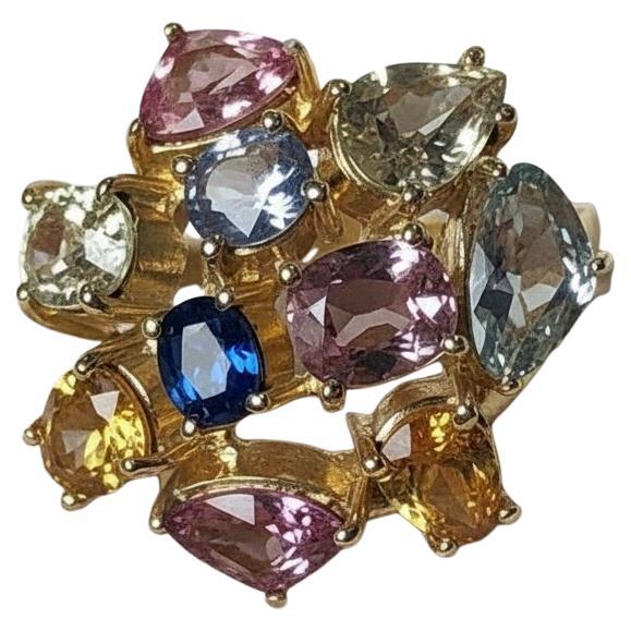 5,50 Karat Mehrfarbiger Cocktail Saphir Ring 18k Gelbgold