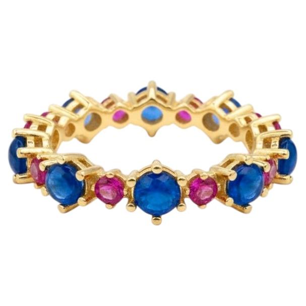Sapphire and Ruby Alternating Eternity Band Ring, 2.20 Carats Yellow Gold 14K