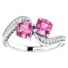 Two Stone Ceylon Pink Sapphire Diamond Scroll Engagement Ring Platinum