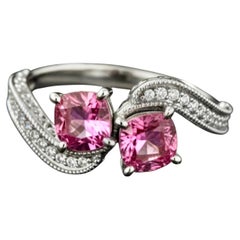 Two Stone Ceylon Pink Sapphire Diamond Scroll Engagement Ring Platinum