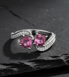 Two Stone Ceylon Pink Sapphire Diamond Scroll Engagement Ring Platinum